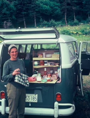 A family friend with the VW Microbus the author fell in love with, circa 1964.