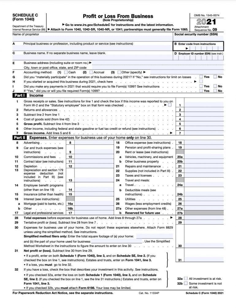 filled out schedule c tax form