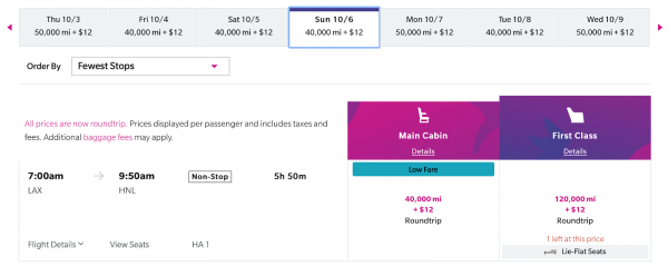 Hawaiian Airlines Mileage Award Chart