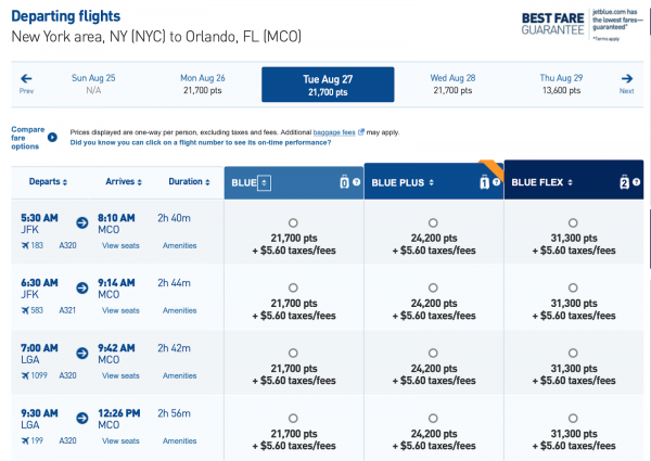 Jetblue Mileage Award Chart