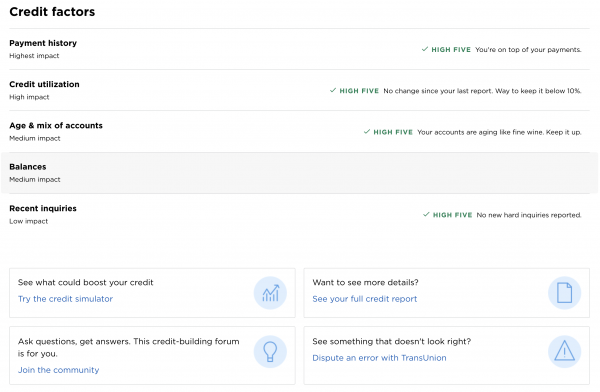 A screenshot shows impact and notes about payment history, credit utilization, age and mix of account, balances and recent inquiries.