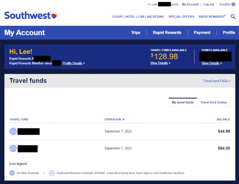 southwest airlines check travel funds