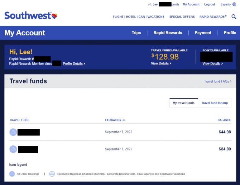 southwest travel funds redeem