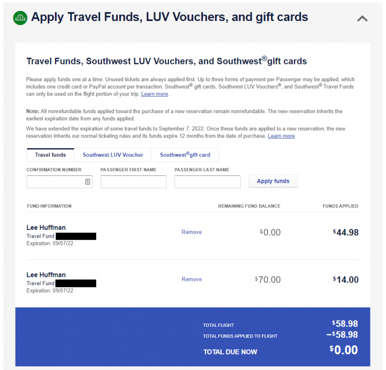 southwest travel funds for hotel