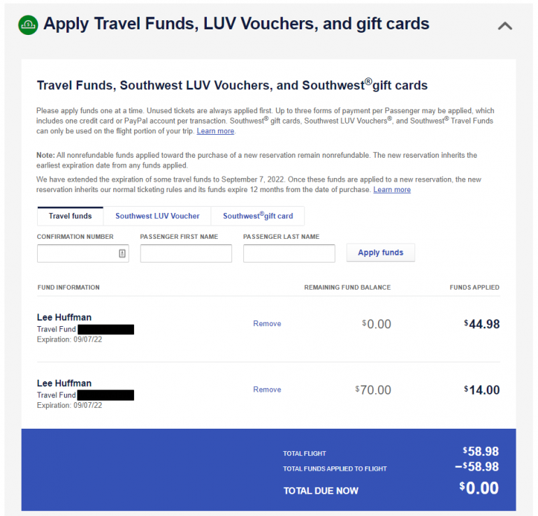 southwest.com travel funds