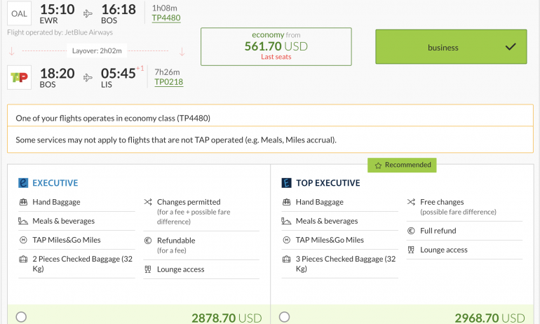 tap portugal executive class cost