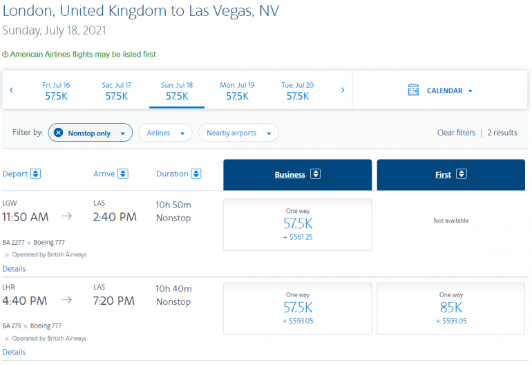 Search results show award availability for two business class options and one first class option.