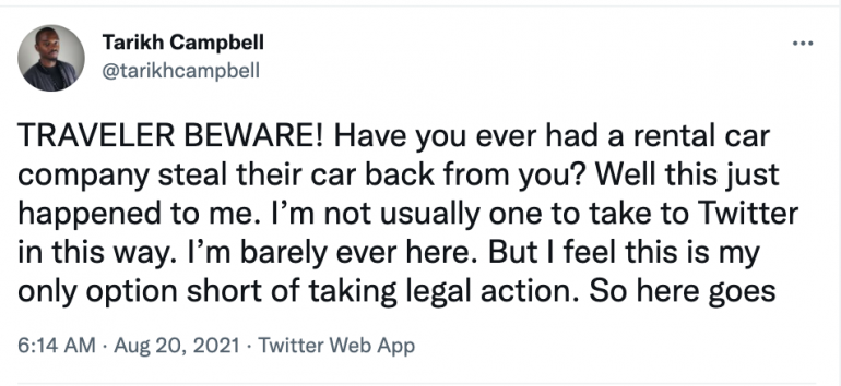 Campbell's tweet includes the warning, "Traveler beware!"