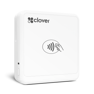 A white square Clover Go card reader.