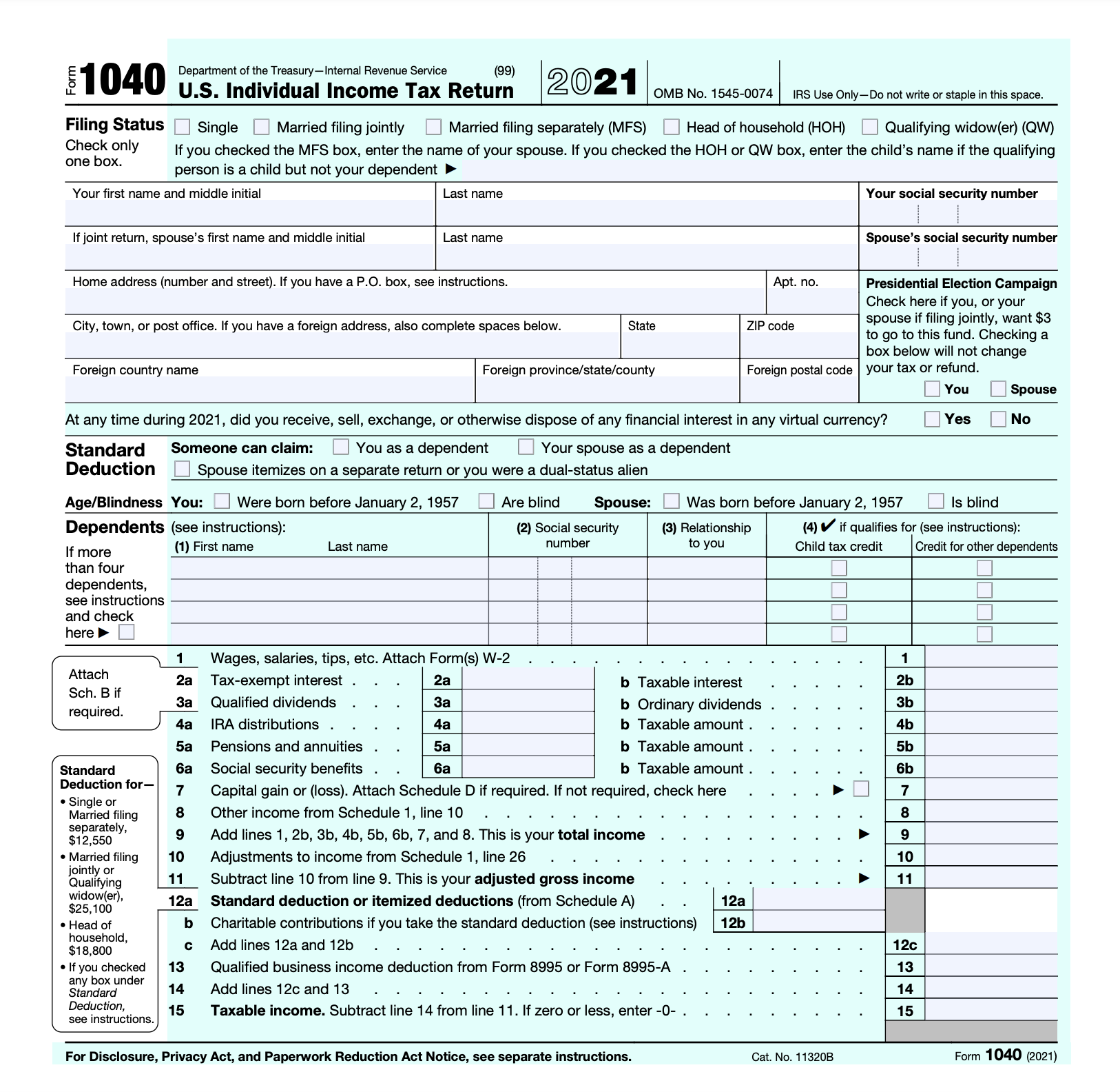 filled out 1040 tax form