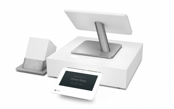 Clover's Station Duo with a screen on top of a cash drawer, a receipt printer beside it and a customer screen facing the reader.