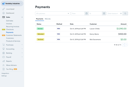 A screenshot of the Wave Payments dashboard with payment details.