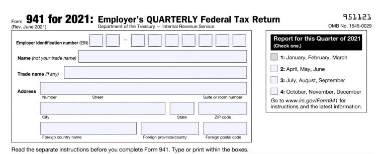 IRS Form 941, filer information section
