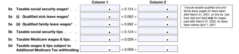 IRS Form 941, lines 5a to 5d