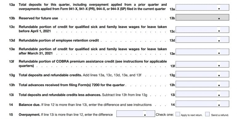 IRS Form 941, lines 13a to 15