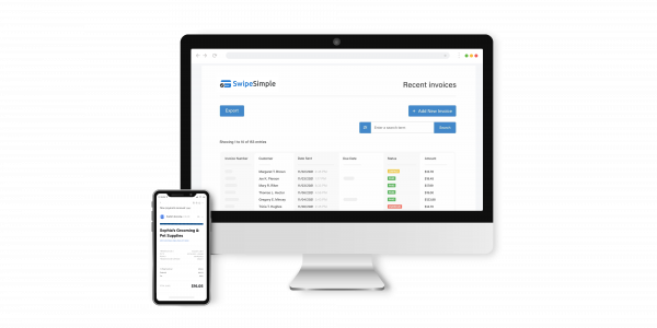 A desktop computer and mobile phone show SwipeSimple screens with information on recent transactions.