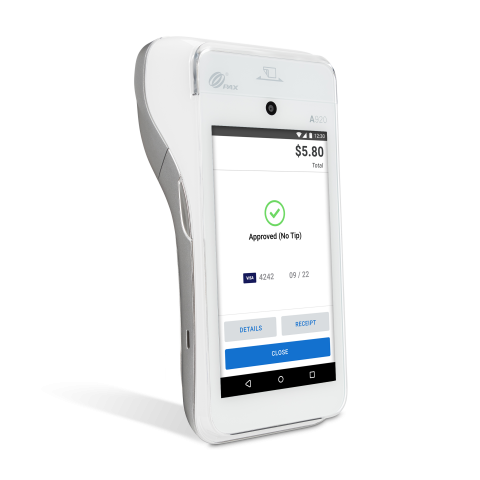 A SwipeSimple A920 payment terminal shows "Approved (No Tip)" for a transaction.