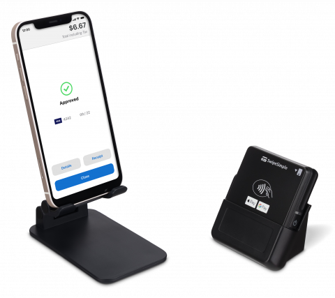 An iPhone on a stand running the SwipeSimple app shows "Approved" for a transaction. A SwipeSimple-branded card reader is nearby.