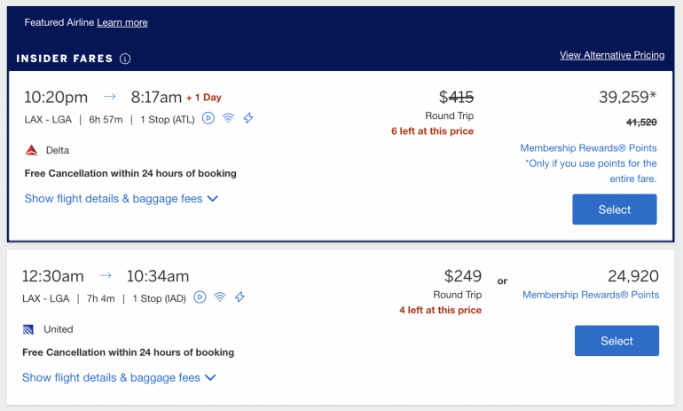 amex insider fares, while higher priced, are displayed at the top of the portal