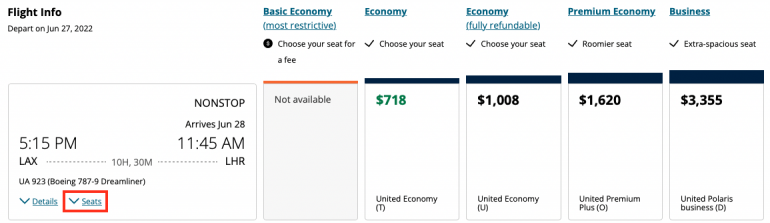 united airlines seat types