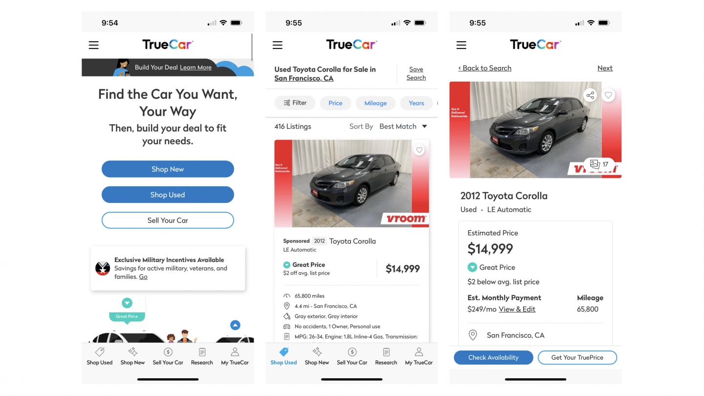 Screenshots of TrueCar's app interface