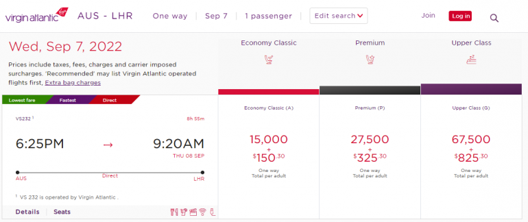 Virgin Atlantic fees