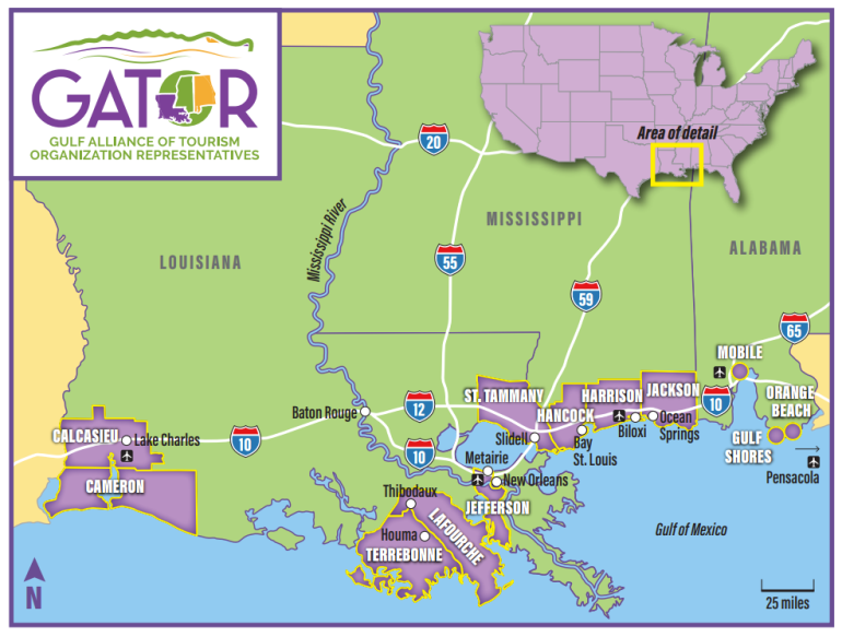 The GATOR itinerary map includes stops in smaller cities, many just off of Highway 10, along the coast of Louisiana, Mississippi and Alabama.