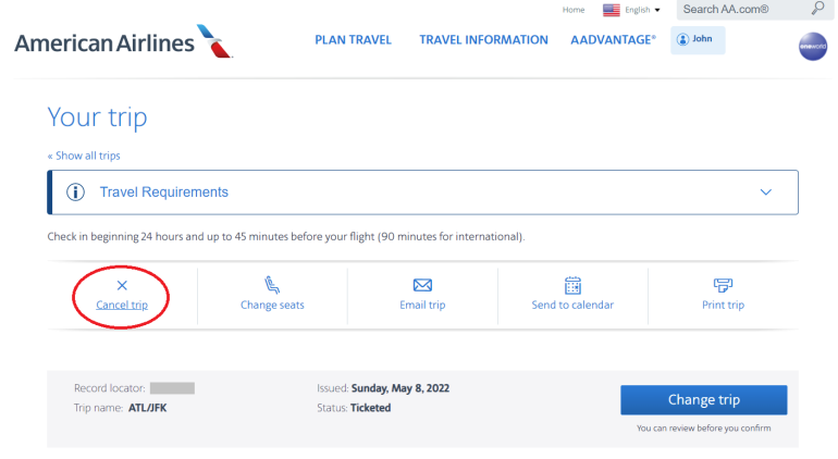 american airlines can't change trip online