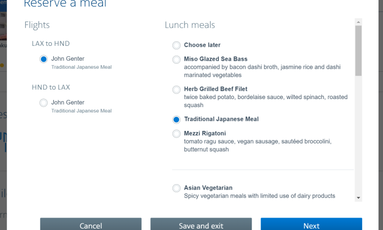 aa flagship business meal selection