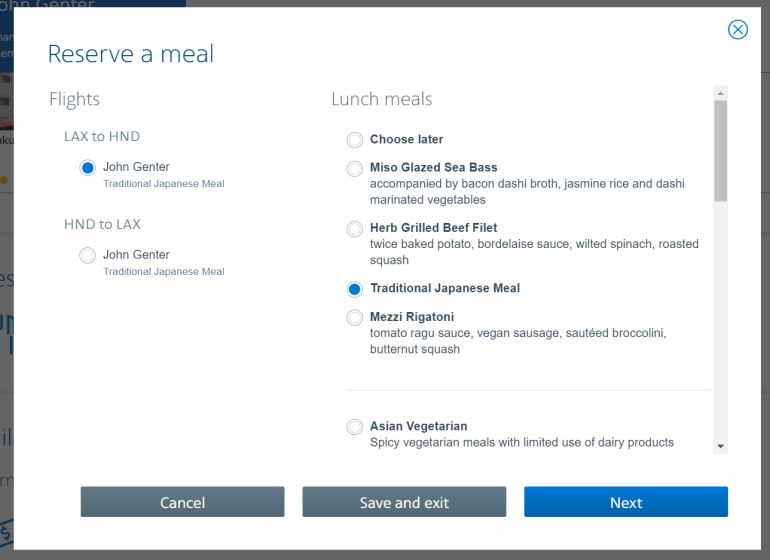 aa flagship business meal selection