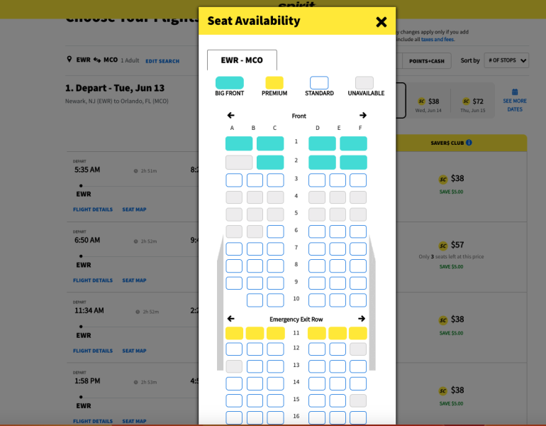 Spirit Airlines Seat Selection