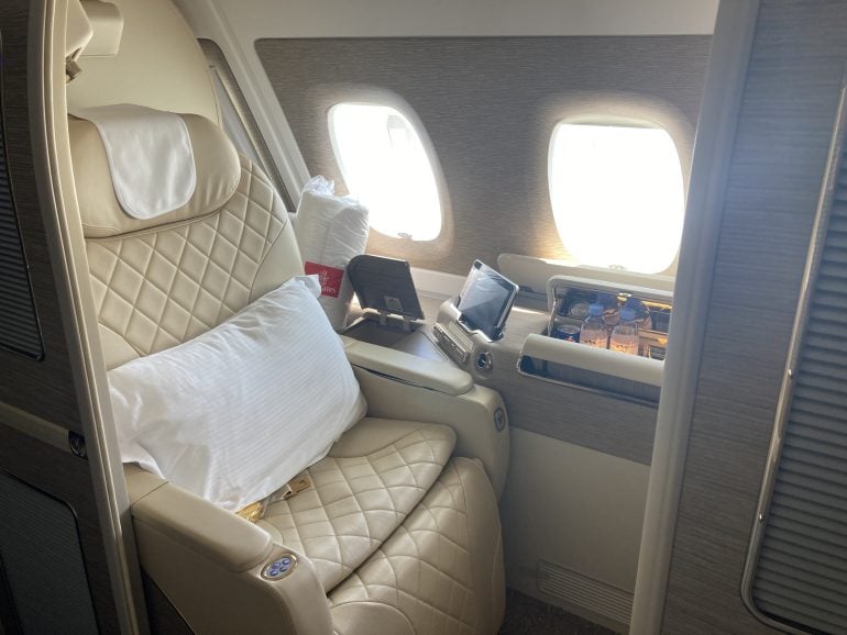 A seat in Emirates first class on the Airbus A380. (Photo by Sally French)