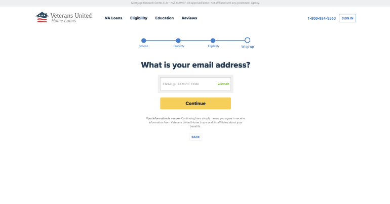 The Veterans United interest form asks potential borrowers for their email address.
