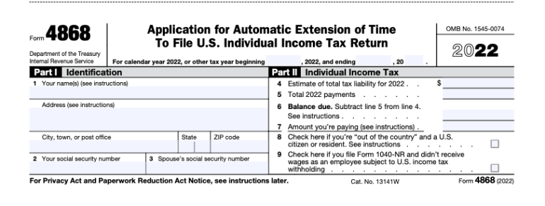 Image of a black-and-white IRS tax form. The header reads "Form 4868: Application for Automatic Extension of Time to File U.S. Individual Income Tax Return." The tax year is in the upper right-hand corner. Two sections follow below.  The first section — "Part I: Identification — has empty fields for filling in identification information, such as names, addresses and Social Security numbers. The second section — "Part II: Individual Income Tax" — contains instructions and fill-in-the-blank fields for estimating tax liability. 