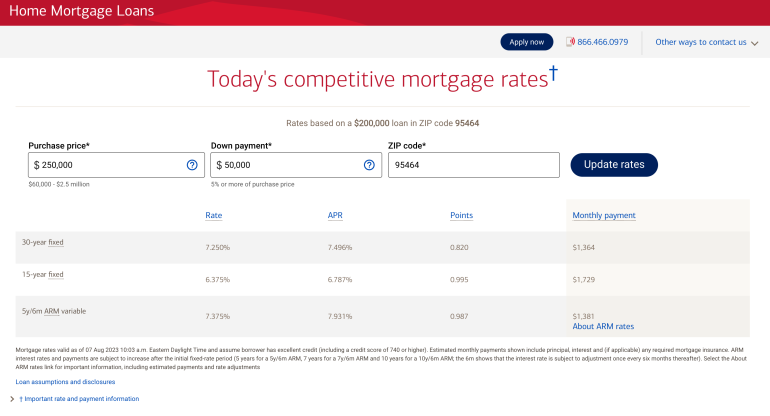 Sample mortgage rates are displayed on the Bank of America website. Fields exist to input purchase price, down payment and ZIP code to customize the rates that are shown. Sample rates are listed for a 30-year fixed, 15-year fixed and an adjustable rate mortgage.