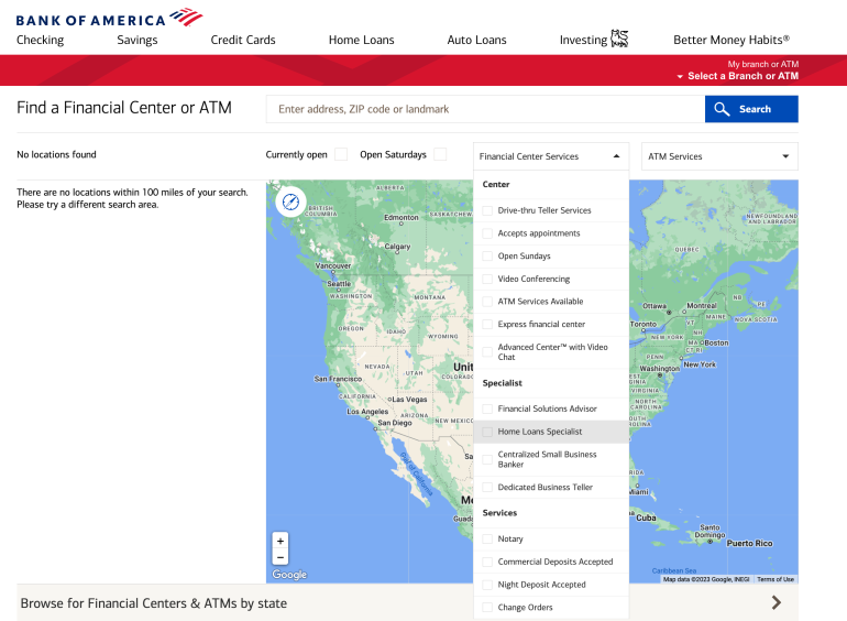 The Bank of America website displays an interactive map to find a financial center or ATM by searching for an address, ZIP code or landmark. A drop-down menu is displayed, indicating the option to filter results by locations that have a home loans specialist.