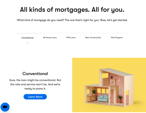 The NBKC website displays a list of purchase mortgages on its website. They include conventional, VA, FHA, new construction, and pilot program. A learn more button is shown to get more detail on conventional loans.