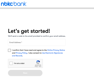 The NBKC website prompts users for an email address and to complete a reCAPTCHA before moving further in the mortgage application process.