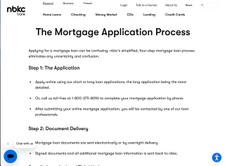 The NBKC website lists the steps of the mortgage application process. The first two steps are the application and document delivery.