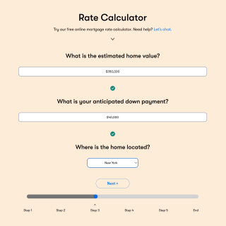 The NBKC mortgage rate calculator prompts the user for responses in a five-step process. In this example, the estimated home value is $350,000; the anticipated down payment is $40,000; and the home is located in New York.