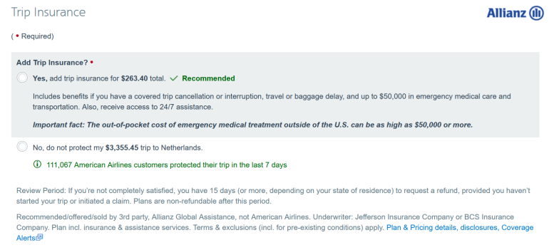 american airlines aadvantage card travel insurance