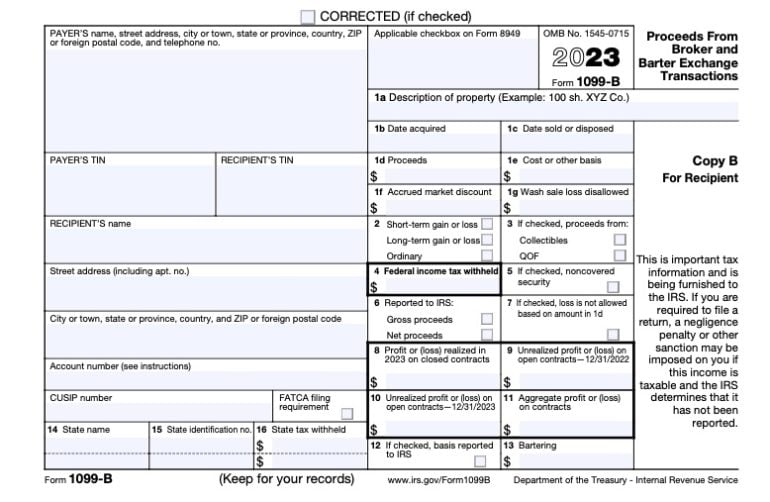 The image shows an example of an IRS Form 1099-B. The form includes several fields that investors need to complete their tax returns and report on investment taxes, including their name, their tax identification number, address, their capital gains and losses, how much federal tax may have been withheld and the dates and prices of the securities at the time of acquisition and disposal.