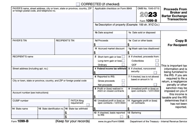 The image shows an example of an IRS Form 1099-B. The form includes several fields that investors need to complete their tax returns and report on investment taxes, including their name, their tax identification number, address, their capital gains and losses, how much federal tax may have been withheld and the dates and prices of the securities at the time of acquisition and disposal.