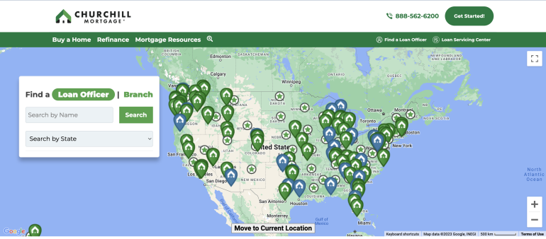 The Churchill Mortgage website displays a map with pins indicating the presence of its loan officers and branches.