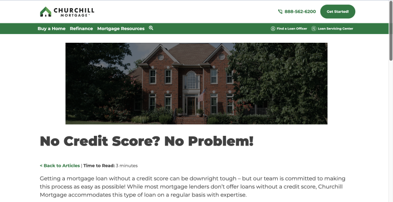 The Churchill Mortgage website introduces the process of getting a loan without a credit score. A heading says, "No Credit Score? No Problem!"