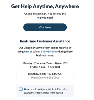 The Mr. Cooper website lists its customer service hours online and by phone. A button is displayed to begin online chat, which is available 24/7.