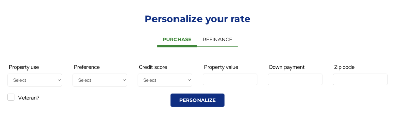 The Pennymac website offers options to personalize your purchase or refinance mortgage rates. Fields are displayed to enter the property use, preference, credit score, property value, down payment and zip code. A checkbox allows you to select veteran status.