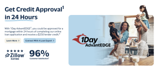 The 1Day AdvantEDGE program from PrimeLending issues credit approval in 24 hours for those who qualify. The website promotes this program and includes customer satisfaction information.