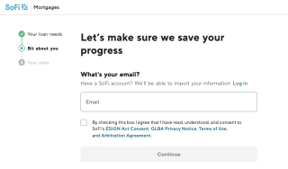 In this screenshot, the SoFi website asks users to enter an email address or connect their SoFi account to complete the mortgage rate request flow. A progress tracker indicates the user has already answered questions about their loan needs and personal information. 