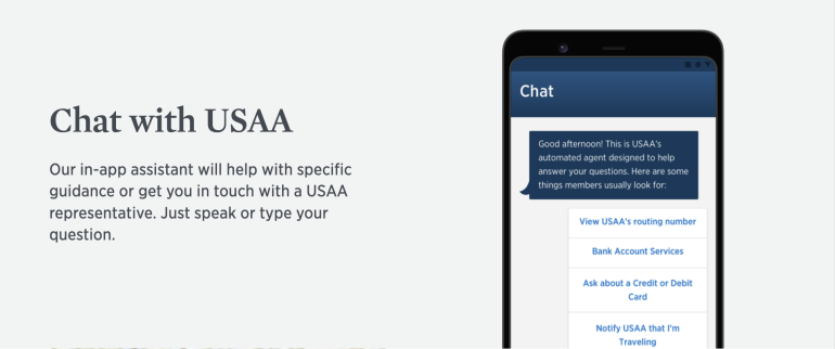 A mockup of the mobile screen interface for USAA chat is displayed. You can speak or type to ask a question. The in-app assistant can help with specific guidance or connect you to a customer service representative.